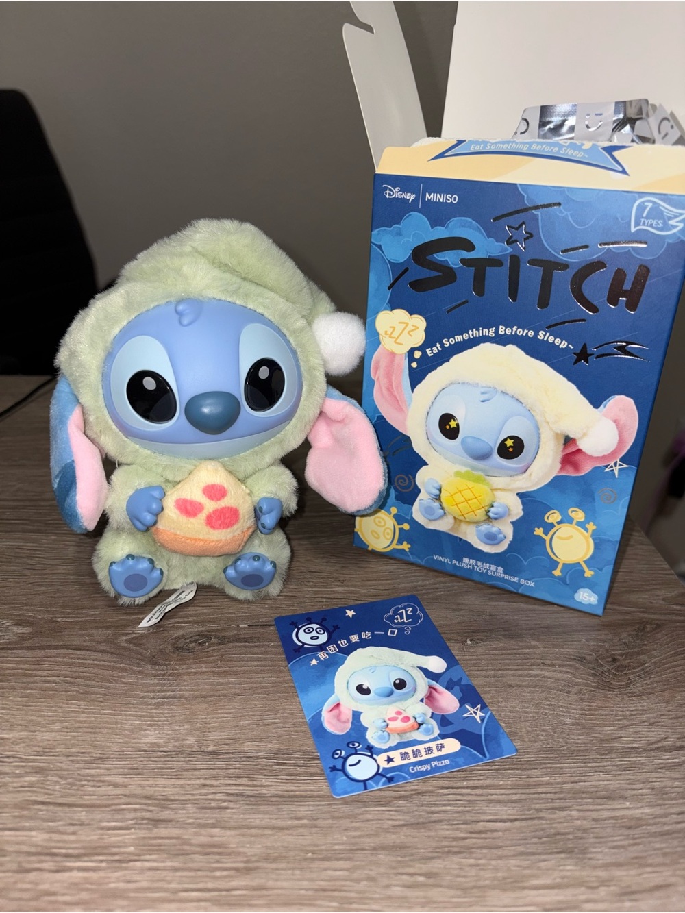 AUTHENTIC Miniso Stitch Eat Something Before Sleep Plush Pendant Crispy Pizza